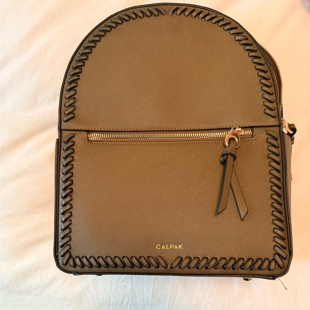 Calpak Taupe Backpack with Black Whipstitch Trim